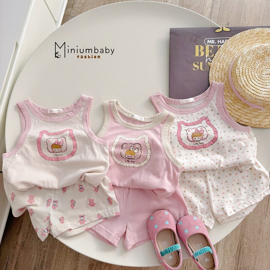 Set bộ ba lỗ bé gái 1-6 tuổi mặc hè Miniumbaby hoạ tiết mặt gấu cute, chất cotton thoáng mát SB2769