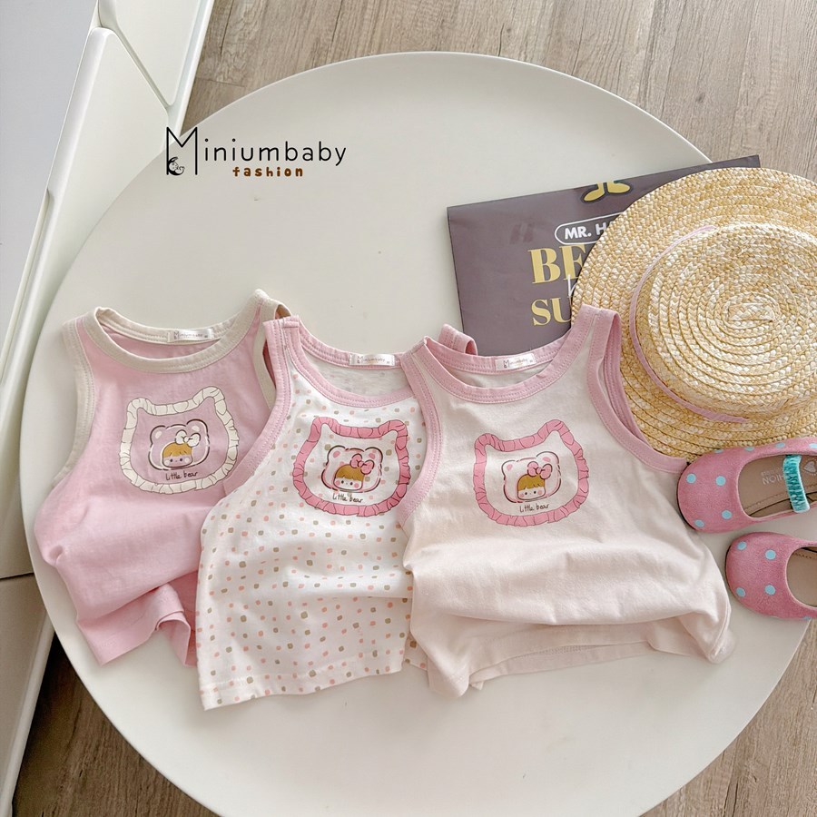 Set bộ ba lỗ bé gái 1-6 tuổi mặc hè Miniumbaby hoạ tiết mặt gấu cute, chất cotton thoáng mát SB2769