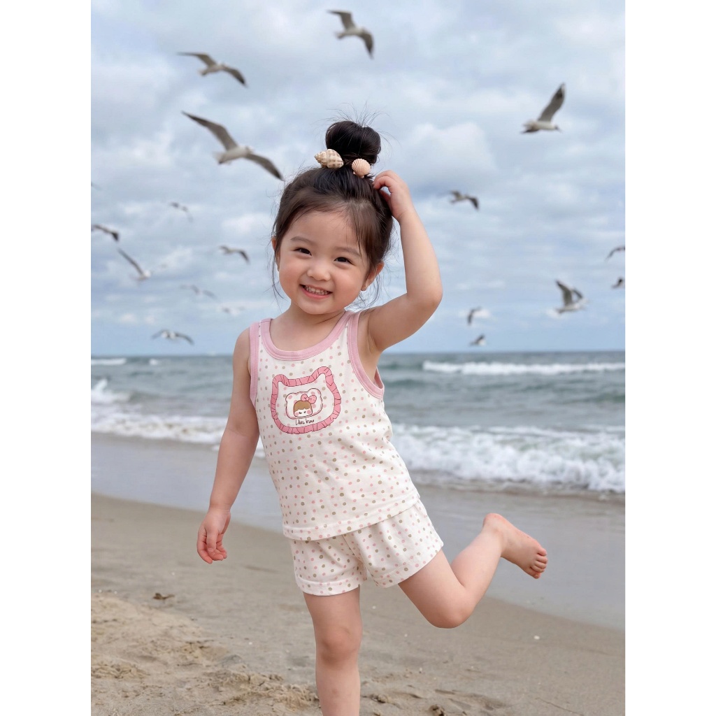 Set bộ ba lỗ bé gái 1-6 tuổi mặc hè Miniumbaby hoạ tiết mặt gấu cute, chất cotton thoáng mát SB2769