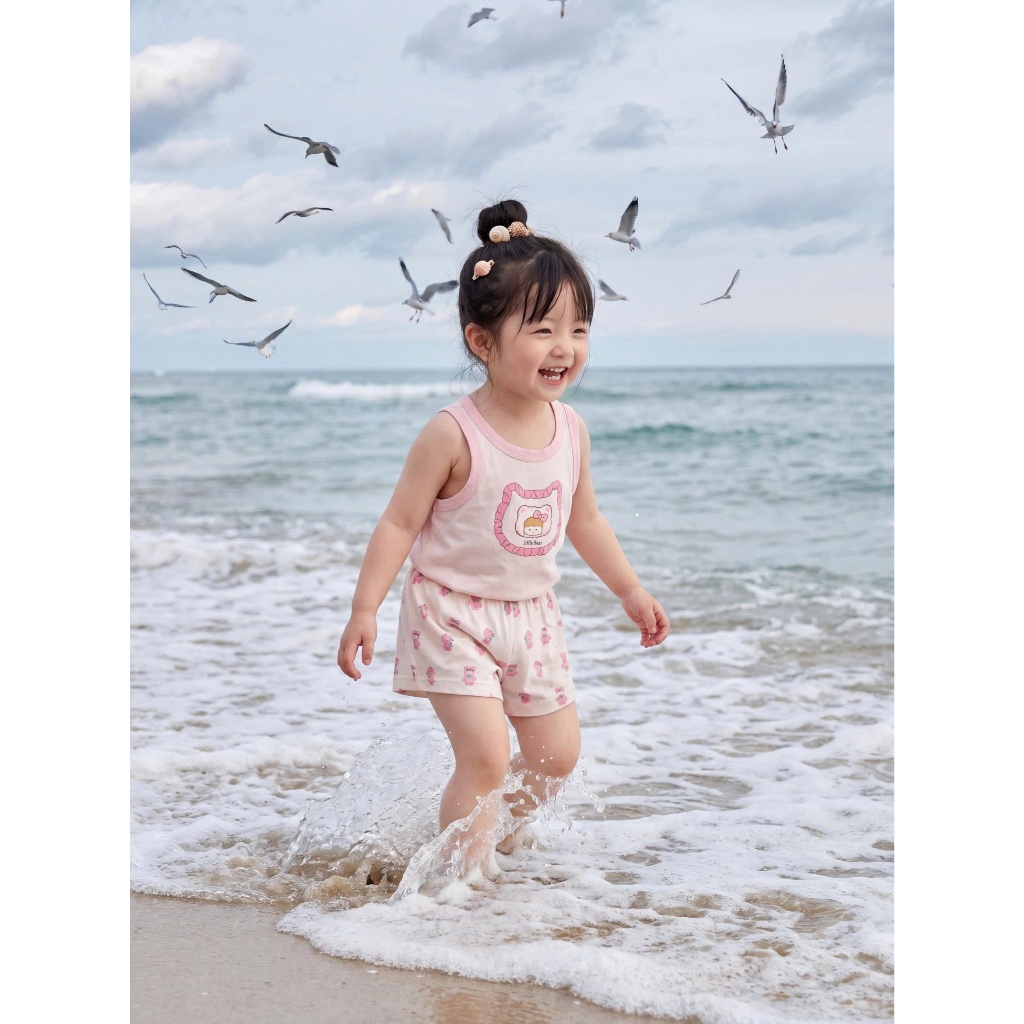 Set bộ ba lỗ bé gái 1-6 tuổi mặc hè Miniumbaby hoạ tiết mặt gấu cute, chất cotton thoáng mát SB2769