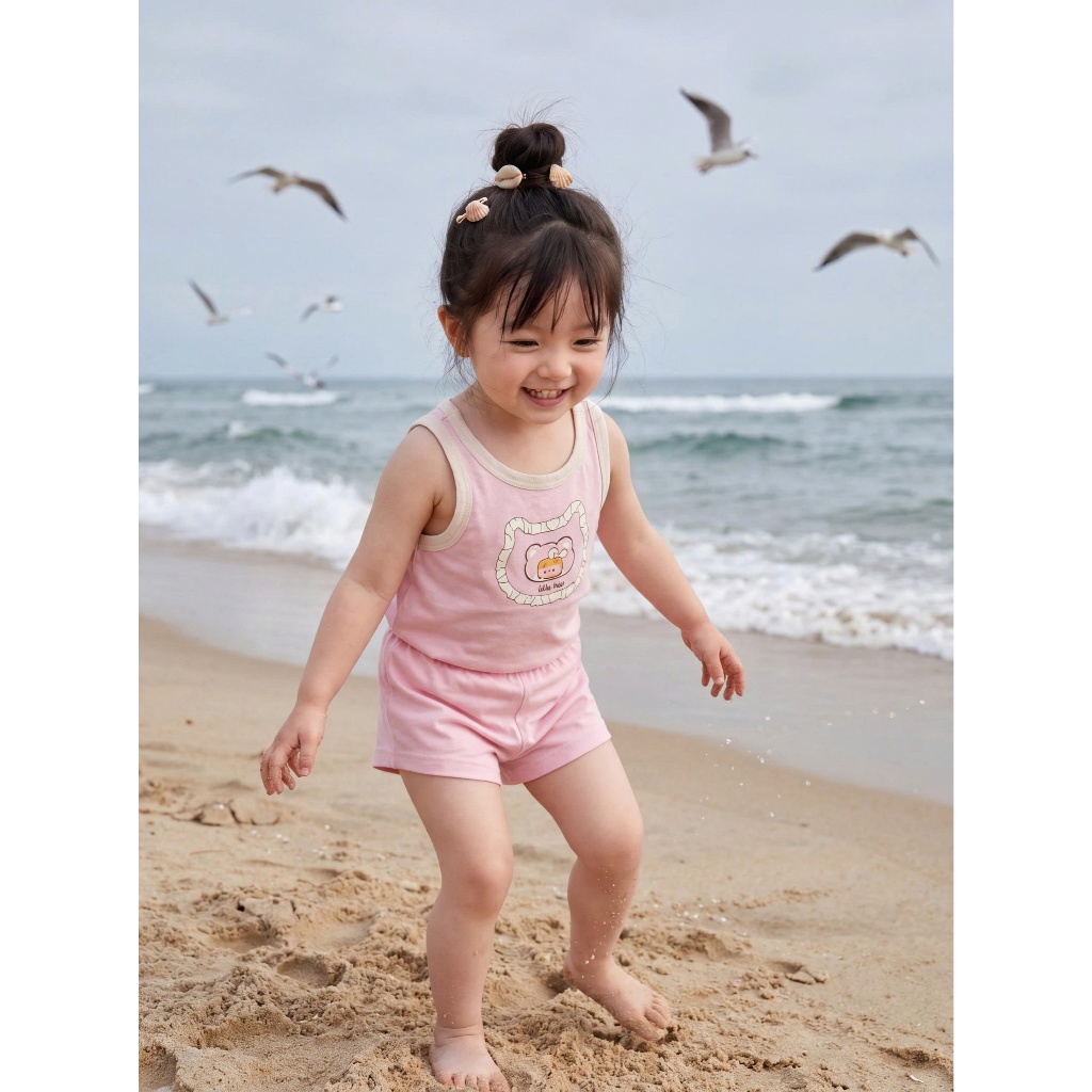 Set bộ ba lỗ bé gái 1-6 tuổi mặc hè Miniumbaby hoạ tiết mặt gấu cute, chất cotton thoáng mát SB2769