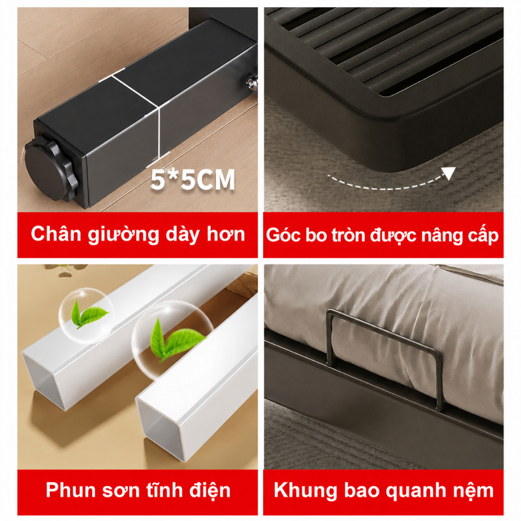 Giường Sắt Khung Thép Dày Dặn CONOCO Chân 5x5cm Nan Dày Êm Ái Cho Phòng Ngủ Màu Đen