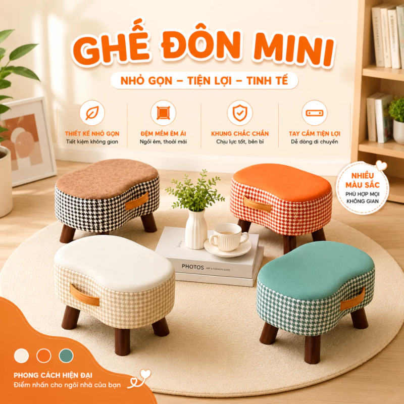 Ghế Đôn Sofa Thấp Bọc Vải Caro Chân Gỗ HPS , Ghế Ngồi Mini Decor Phòng Khách, Phòng Ngủ Dễ Thương Có Quai Xách Tiện Lợi