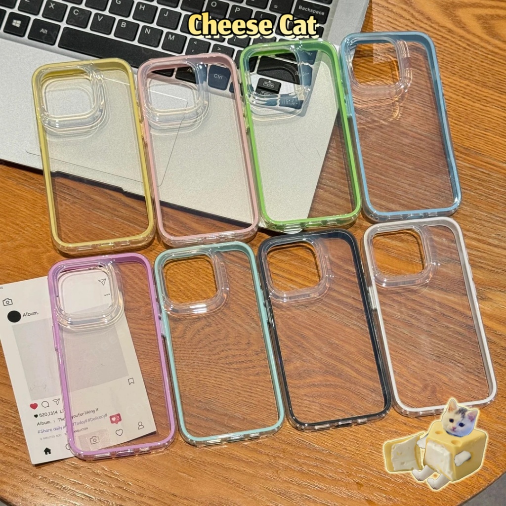 Ốp lưng bảo vệ viền màu cho iPhone 11 12 13 14 15 16 17 Pro Max ốp lưng điện thoại trong suốt đơn giản màu trơn