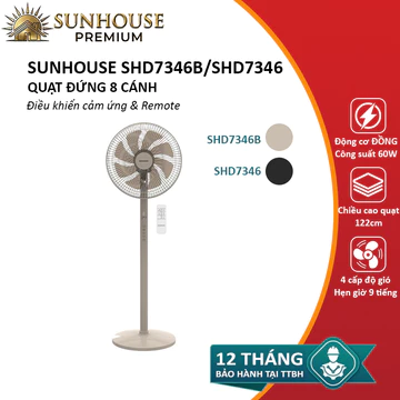 Quạt đứng có remote SUNHOUSE SHD7346, SHD7346B quạt 8 cánh cực mát - Bảo hành 12 tháng