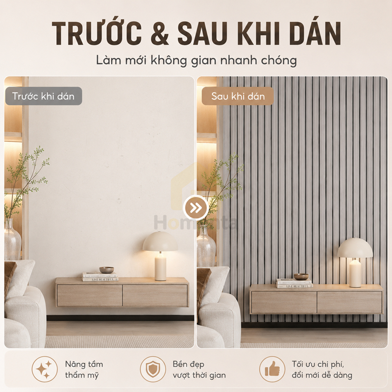 Tấm Ốp Tường Giả Gỗ Giấy Dán Tường 3D Nan Chớp Tự Dính Chống Nước Chống Cháy Cuộn 3m Trang Trí Phòng Khách