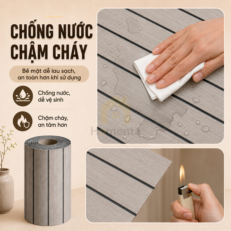 Tấm Ốp Tường Giả Gỗ Giấy Dán Tường 3D Nan Chớp Tự Dính Chống Nước Chống Cháy Cuộn 3m Trang Trí Phòng Khách