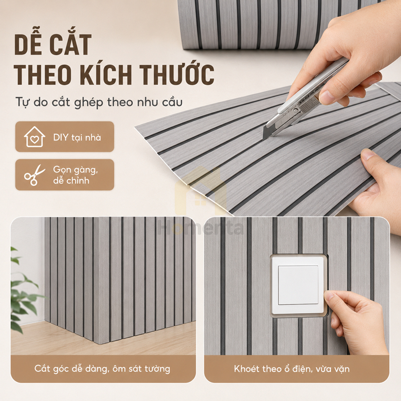Tấm Ốp Tường Giả Gỗ Giấy Dán Tường 3D Nan Chớp Tự Dính Chống Nước Chống Cháy Cuộn 3m Trang Trí Phòng Khách