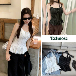 Áo 2 dây chấm bi xòe kèm dây cổ sẵn đệm mút 5554 TCHOOSE