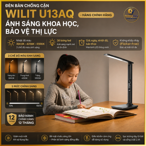 Đèn học chống cận Wilit U13AQ thế hệ mới - Ánh sáng khoa học - Bảo vệ thị lực. Hàng chính hãng