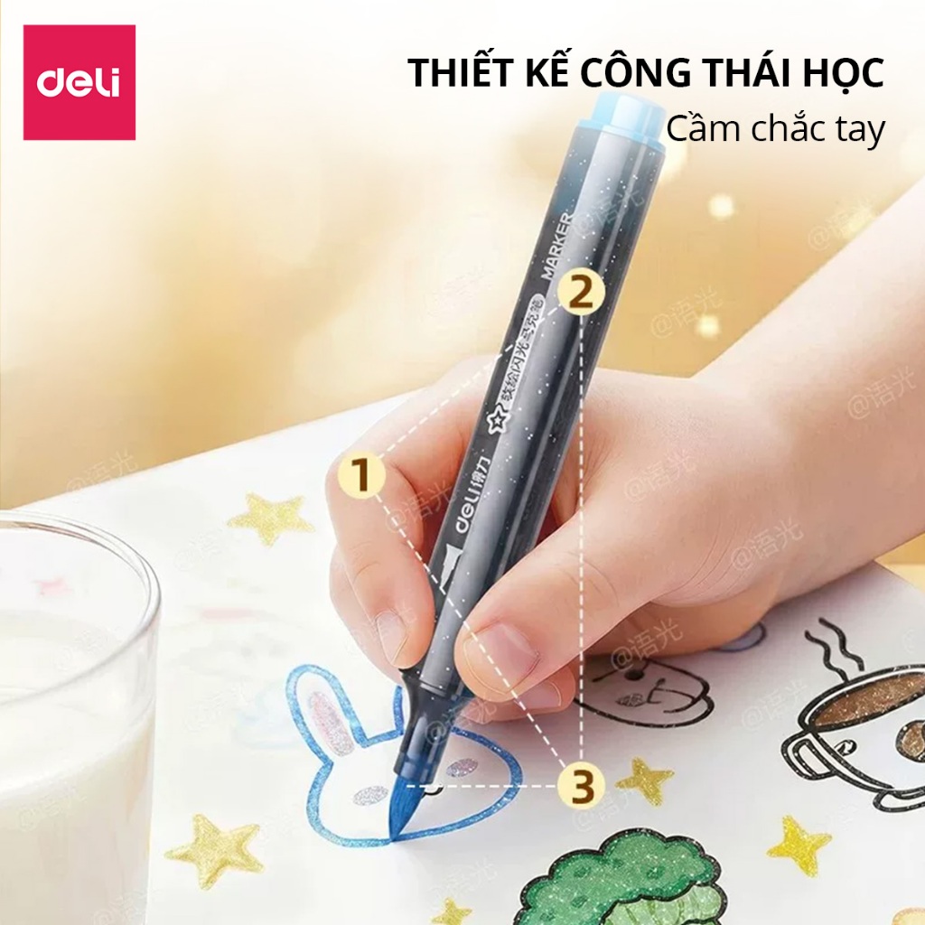 Bút Marker Nhũ Deli Thân Tam Giác - Hộp PP 12/24/36/48 Màu Mực Nhũ Lấp Lánh Vẽ Tranh Decor