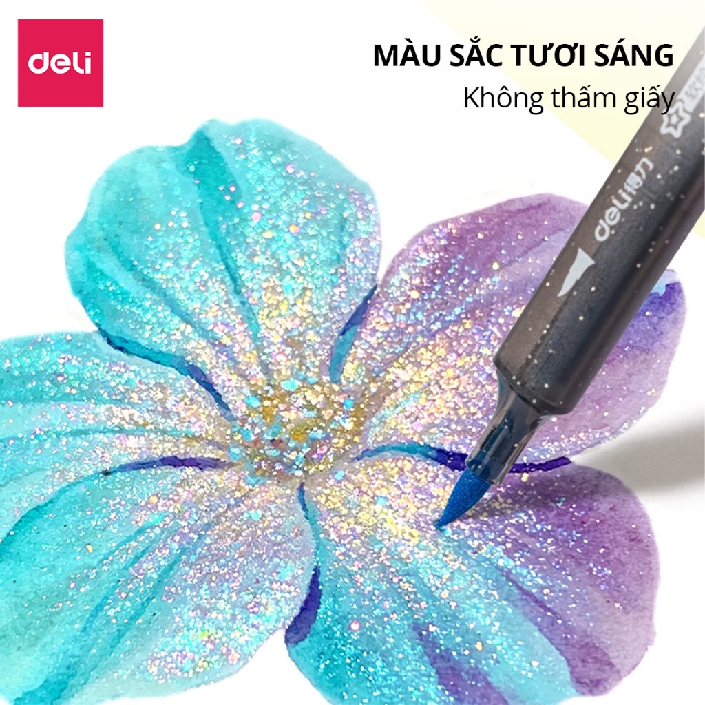 Bút Marker Nhũ Deli Thân Tam Giác - Hộp PP 12/24/36/48 Màu Mực Nhũ Lấp Lánh Vẽ Tranh Decor