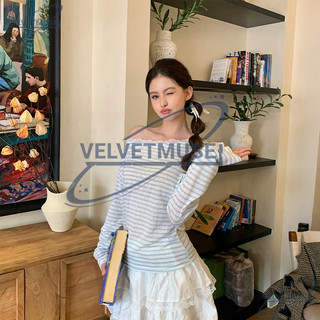 VM-Áo Thun Nữ Sọc Dài Tay Mới Lệch Vai Ren Thời Trang Mới
