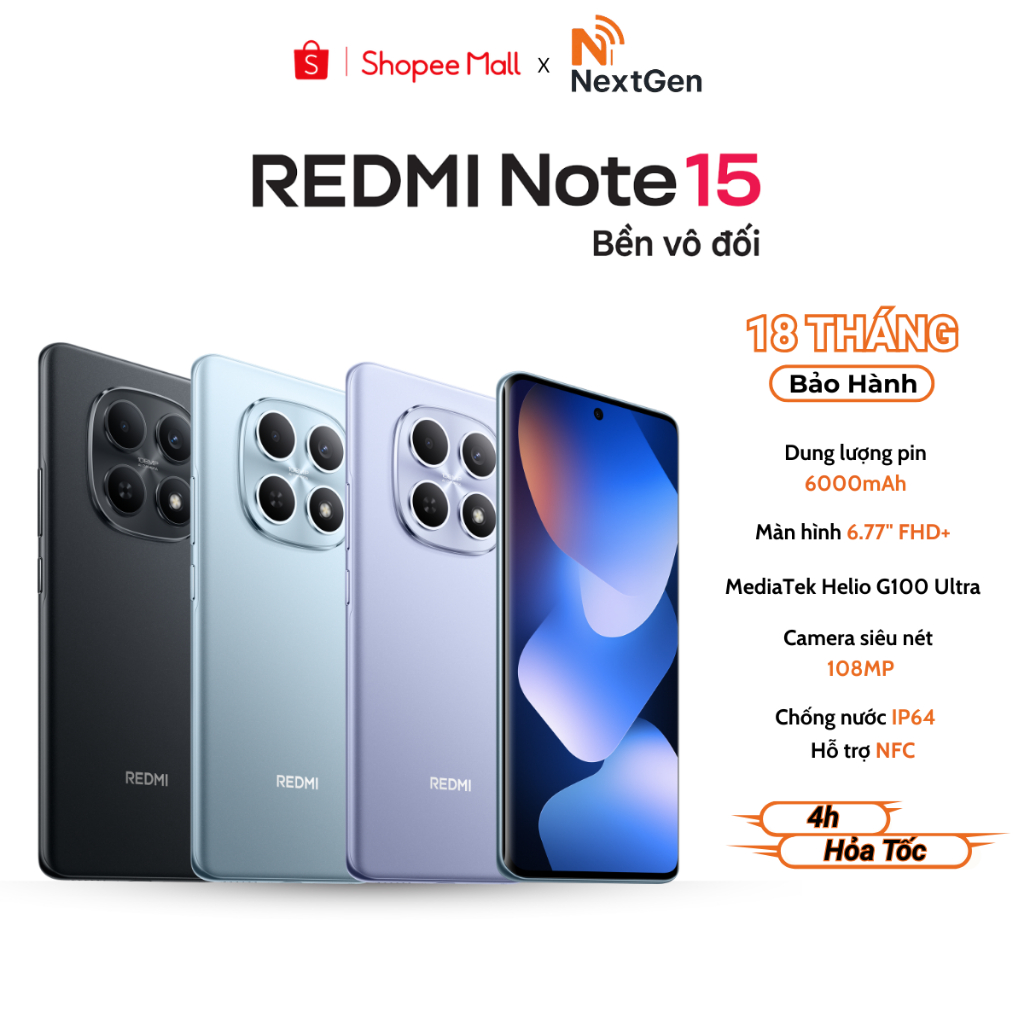 Điện thoại Xiaomi Redmi Note 15 4G – Pin 6000 mAh, Màn Hình 6.77 Inch – Bảo Hành 18 Tháng Chính Hãng