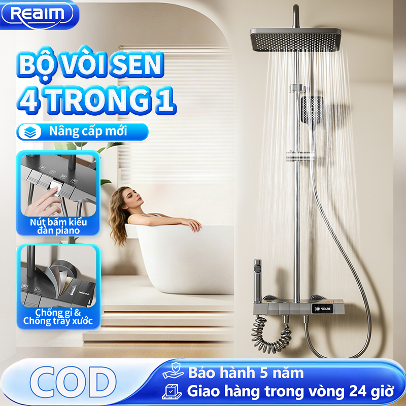 Bộ sen cây tắm đứng nóng lạnh hiển thị nhiệt độ hợp kim nhôm cao cấp 4 chế độ nước thiết kế phím đàn piano hiện đại