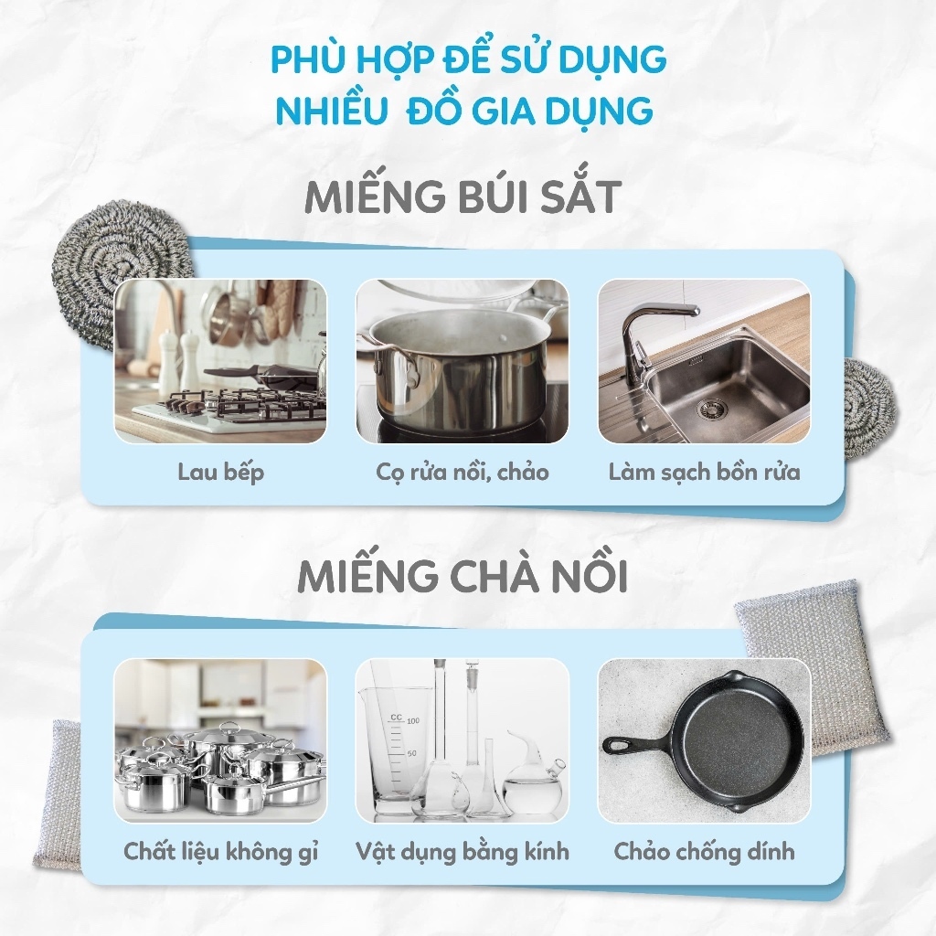 COMBO 3 Bịch Búi Sắt Cọ Xoong Nồi KÈM Miếng Chà Nồi Đa Năng MyJae (12 búi sắt + 4 miếng chà nồi)