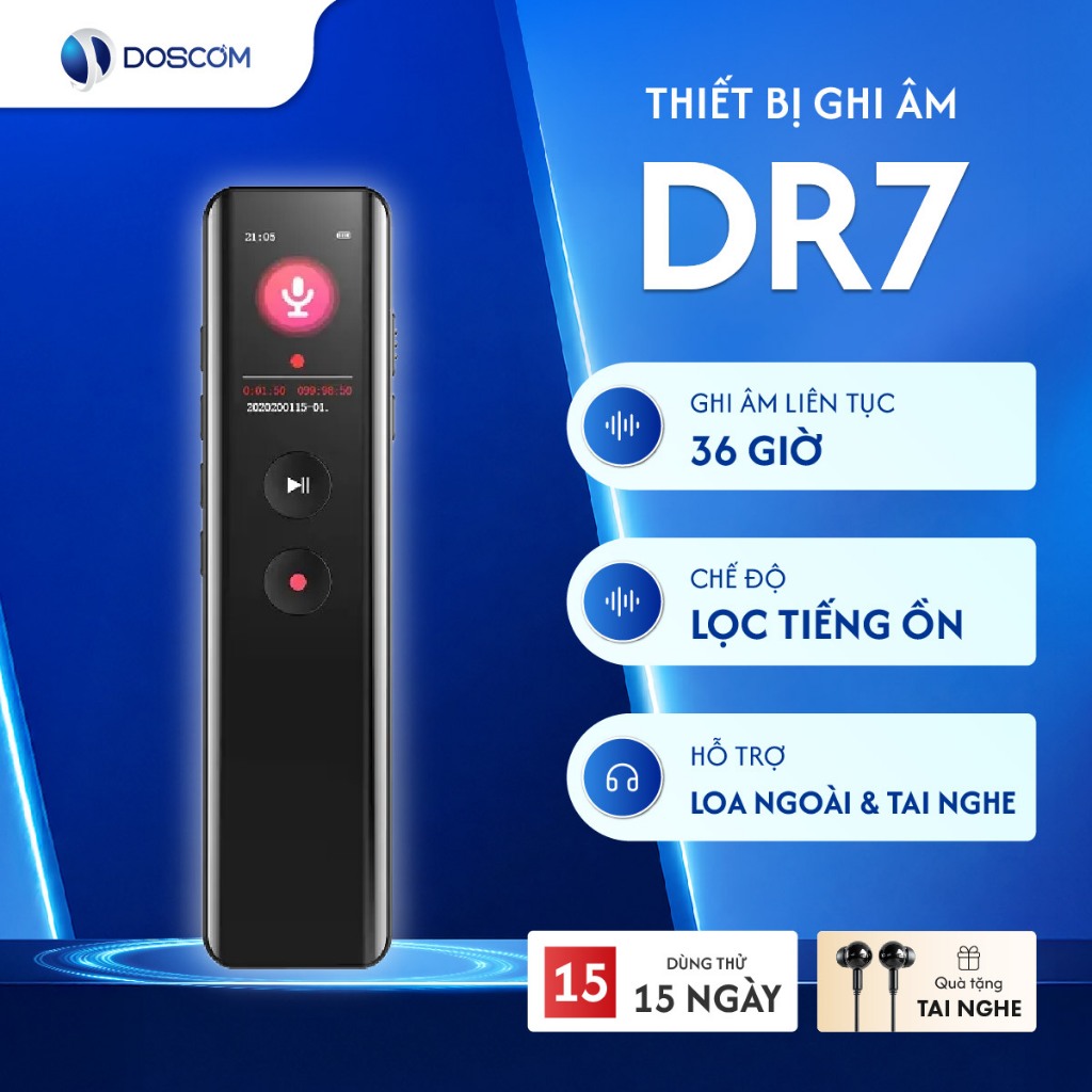 Máy Ghi Âm Chuyên Nghiệp Doscom DR7 Tích Hợp Lọc Âm, Giảm Tiếng Ồn - Ghi Liên Tục 36 Giờ