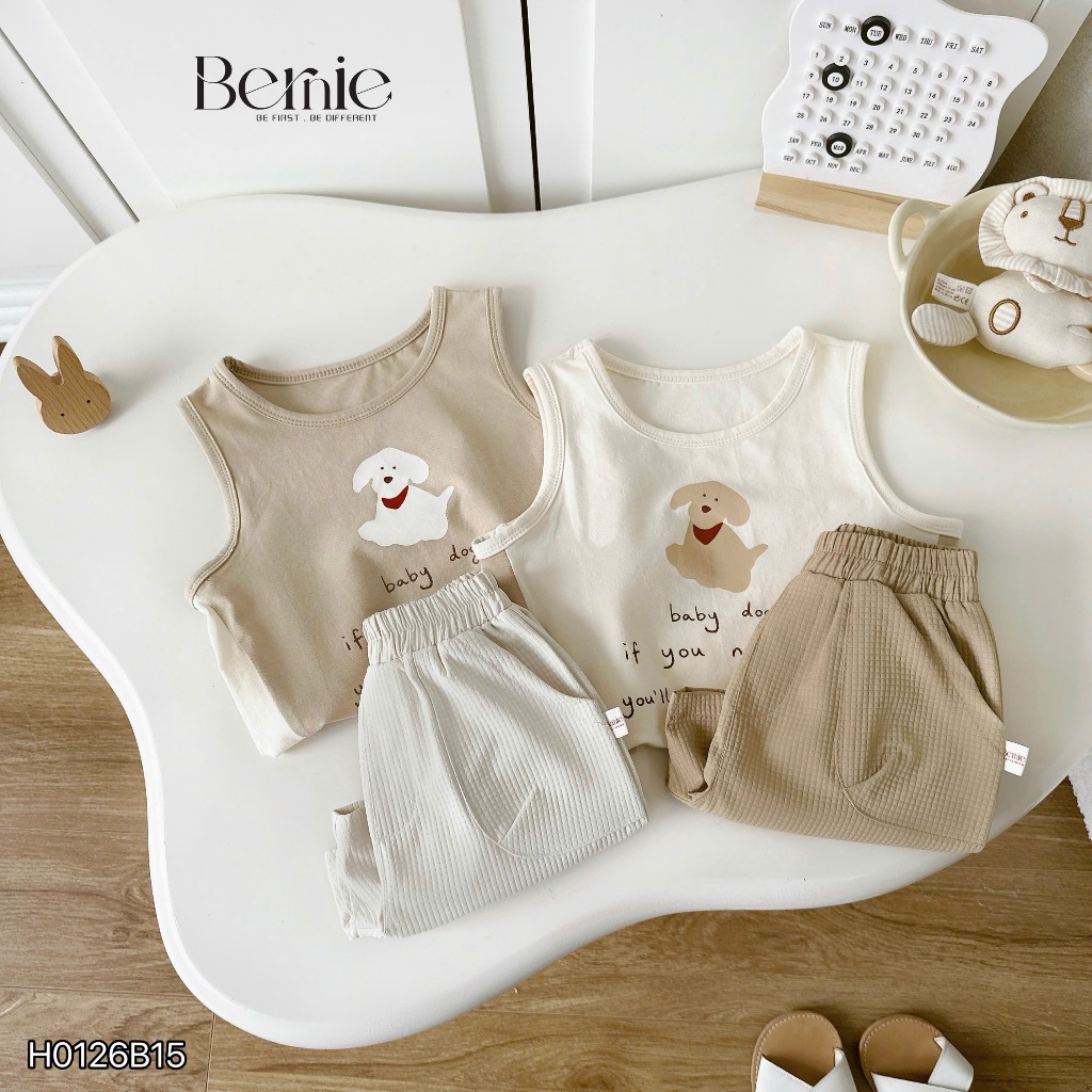 Bộ ba lỗ cún nhỏ tinh nghịch unisex cho bé, bộ cotton ba lỗ mềm mát dễ thương