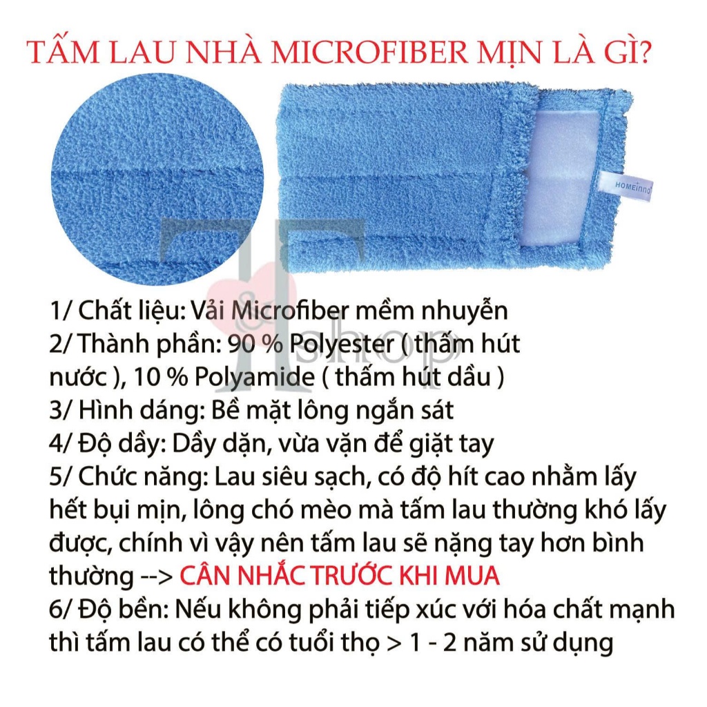 Cây Lau Nhà CÁN THẲNG Đế Nhựa Dán Microfiber San Hô/Xoắn 45cm Homeinno Cán Dài 1m40