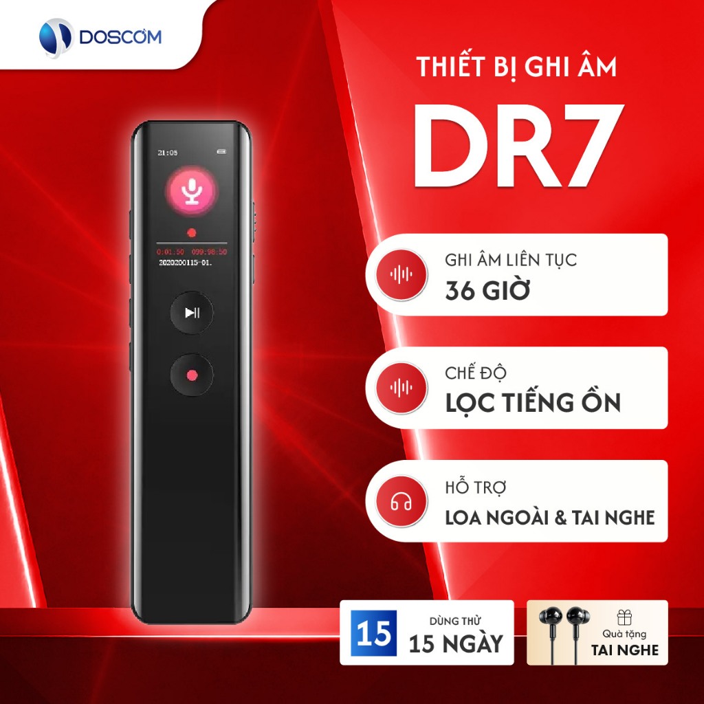 Thiết Bị Ghi Âm DOSCOM DR7 Lọc Âm, Giảm Tiếng Ồn - Ghi Âm Liên Tục 36 Tiếng - Tích Hợp Màn Hình LCD