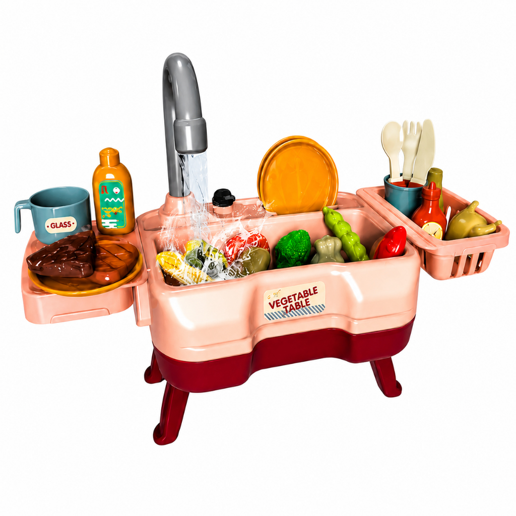 Đồ Chơi Bồn Rửa Chén Có Nước Chảy Cho Bé, Bộ Đồ Chơi Nhà Bếp Mini Kèm Rau Củ & Phụ Kiện Cho Bé