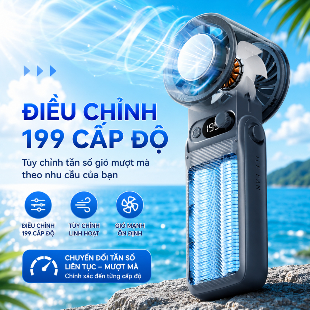 Quạt Cầm Tay Tích Điện Mini 199 Tốc Độ Gió Siêu Mạnh, Kết Hợp Sò Lạnh Xoay Gập 180°C Lạnh Tức Thì
