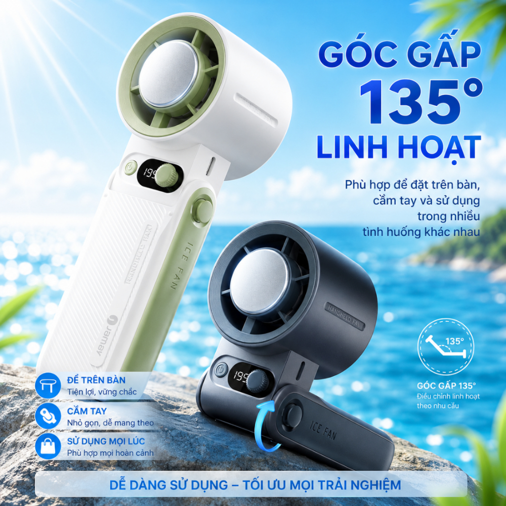 Quạt Cầm Tay Tích Điện Mini 199 Tốc Độ Gió Siêu Mạnh, Kết Hợp Sò Lạnh Xoay Gập 180°C Lạnh Tức Thì