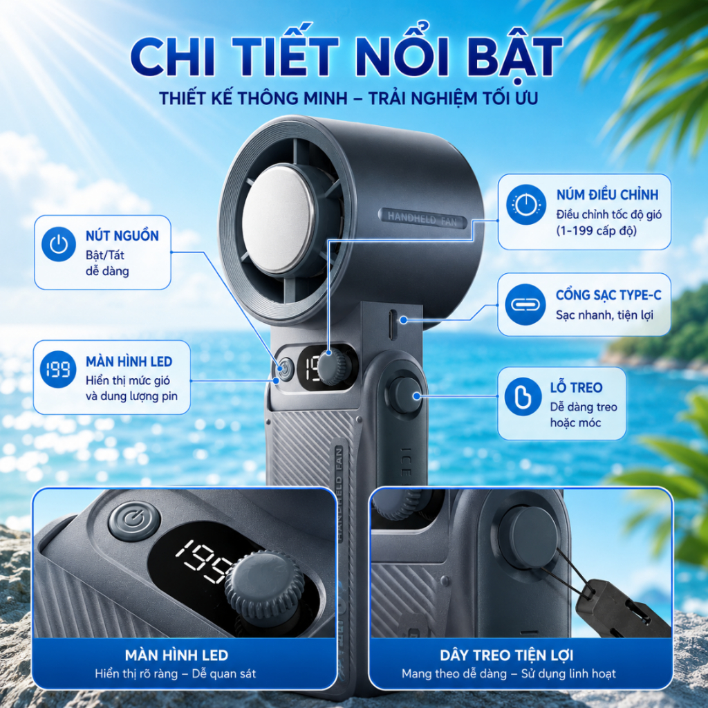 Quạt Cầm Tay Tích Điện Mini 199 Tốc Độ Gió Siêu Mạnh, Kết Hợp Sò Lạnh Xoay Gập 180°C Lạnh Tức Thì