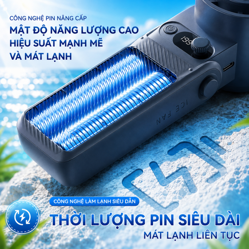 Quạt Cầm Tay Tích Điện Mini 199 Tốc Độ Gió Siêu Mạnh, Kết Hợp Sò Lạnh Xoay Gập 180°C Lạnh Tức Thì