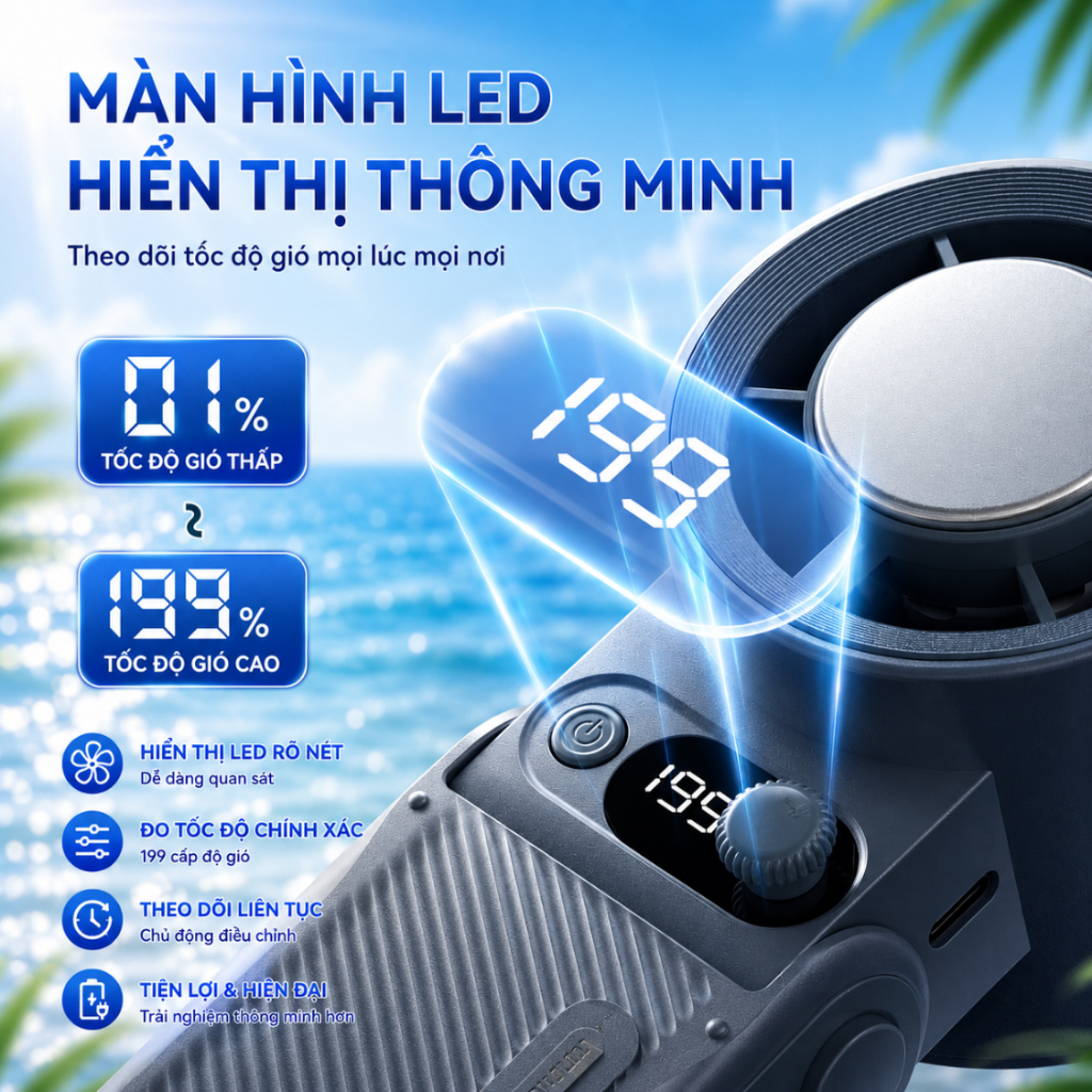 Quạt Cầm Tay Tích Điện Mini 199 Tốc Độ Gió Siêu Mạnh, Kết Hợp Sò Lạnh Xoay Gập 180°C Lạnh Tức Thì