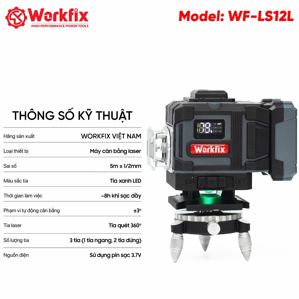 TẶNG CHÂN CAO Máy cân bằng Laser 12 Line Workfix WF-LS12L Đo 50M Tự Cân Mực Bắn Cốt Chuẩn 2PIN