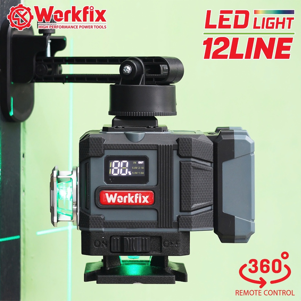 TẶNG CHÂN CAO Máy cân bằng Laser 12 Line Workfix WF-LS12L Đo 50M Tự Cân Mực Bắn Cốt Chuẩn 2PIN