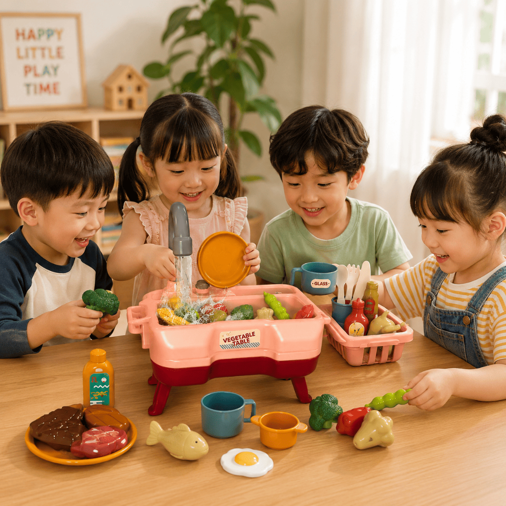 Đồ Chơi Bồn Rửa Chén Có Nước Chảy Cho Bé, Bộ Đồ Chơi Nhà Bếp Mini Kèm Rau Củ & Phụ Kiện Cho Bé