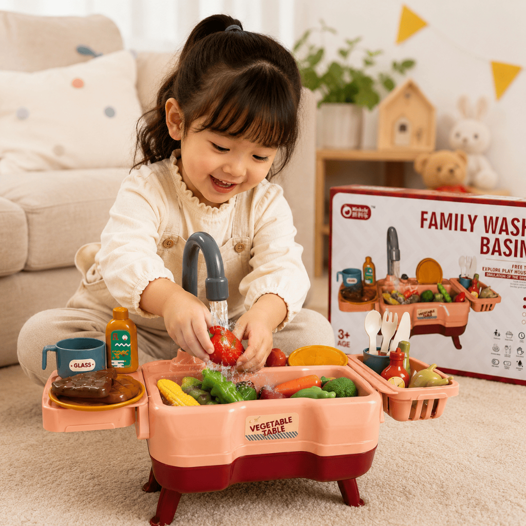 Đồ Chơi Bồn Rửa Chén Có Nước Chảy Cho Bé, Bộ Đồ Chơi Nhà Bếp Mini Kèm Rau Củ & Phụ Kiện Cho Bé