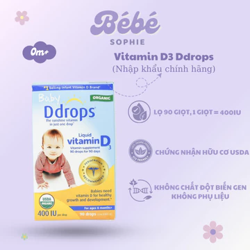 ( Nhập khẩu ) Vitamin D3 Ddrops baby bổ sung D3 cho bé hàm lượng 400IU 90 giọt - Bebe Sophie