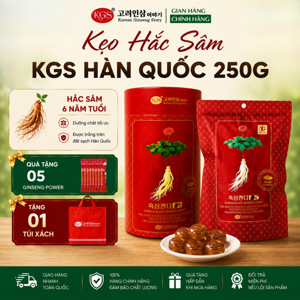 KGS Korean Black Ginseng Candy Gold 250g Kẹo Hắc Sâm Hàn Quốc Gold KGS Hôp/Gói 250g