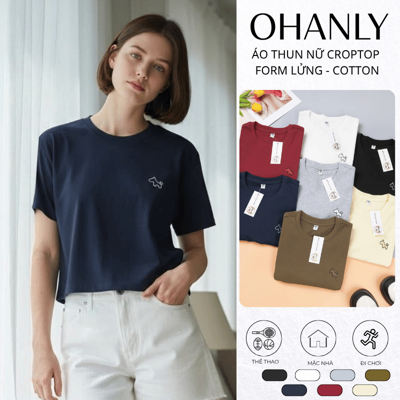 Áo Thun Nữ Croptop Form Lửng Thêu Ngựa – Cotton Co Giãn Mềm Mát, Basic Hàn Quốc Tôn Dáng | OHANLY