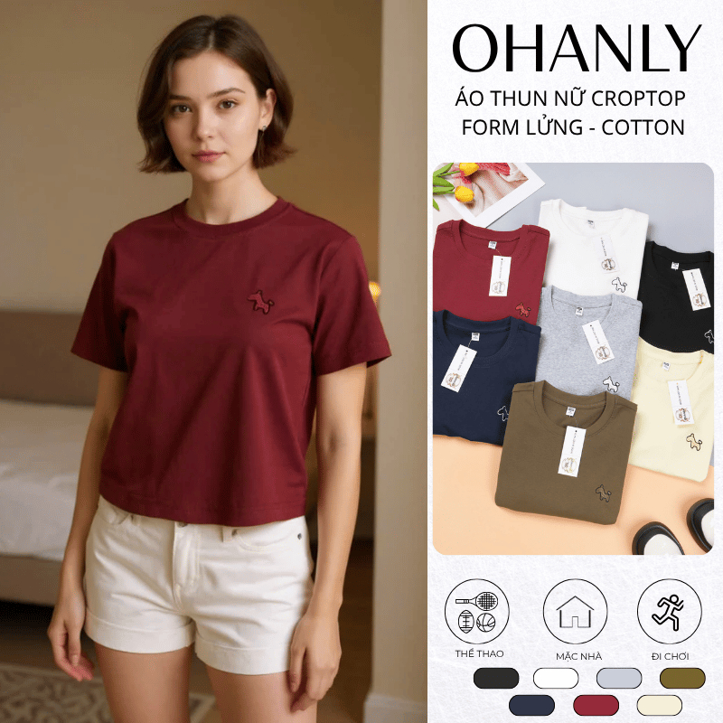 Áo Thun Nữ Croptop Form Lửng Thêu Ngựa – Cotton Co Giãn Mềm Mát, Basic Hàn Quốc Tôn Dáng | OHANLY