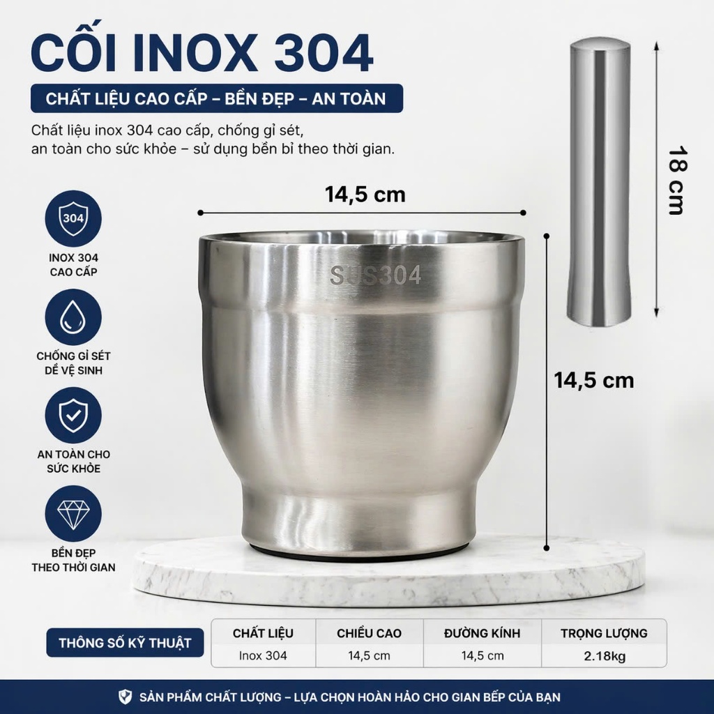 Bộ chày cối giã tay inox 304 kháng khuẩn 99,9% size lớn