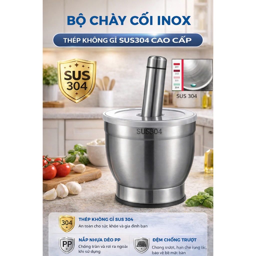 Bộ chày cối giã tay inox 304 kháng khuẩn 99,9% size lớn