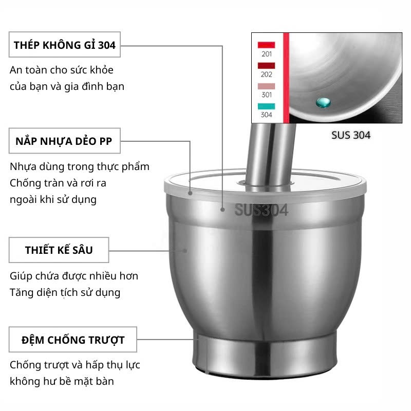 Bộ chày cối giã tay inox 304 kháng khuẩn 99,9% size lớn