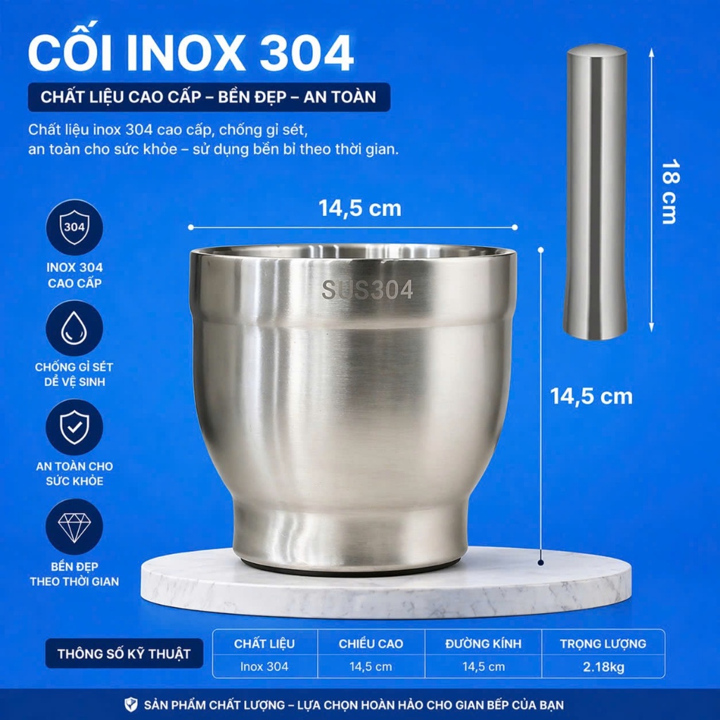 Bộ chày cối giã tay inox 304 kháng khuẩn 99,9% size lớn
