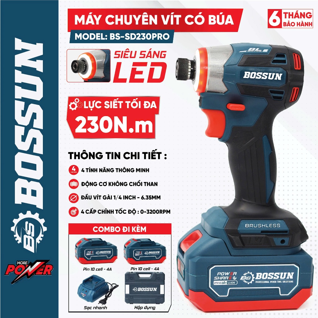 Chuyên Vít Búa BS BOSSUN BS-SD230PRO Lực Siết 230N.m - 5 Tốc - Vít Mồi, Auto-slow, Chạy Full Tải