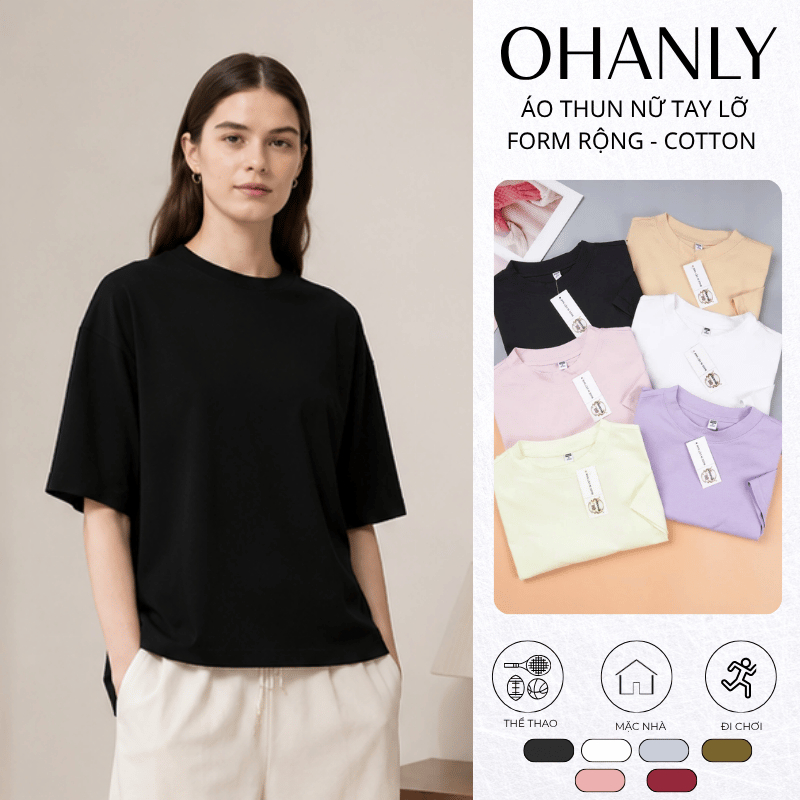 Áo Thun Nữ Trơn Form Rộng Tay Lỡ – Chất Liệu Cotton Mềm Mát, Basic Hàn Quốc Dễ Phối Đồ | OHANLY
