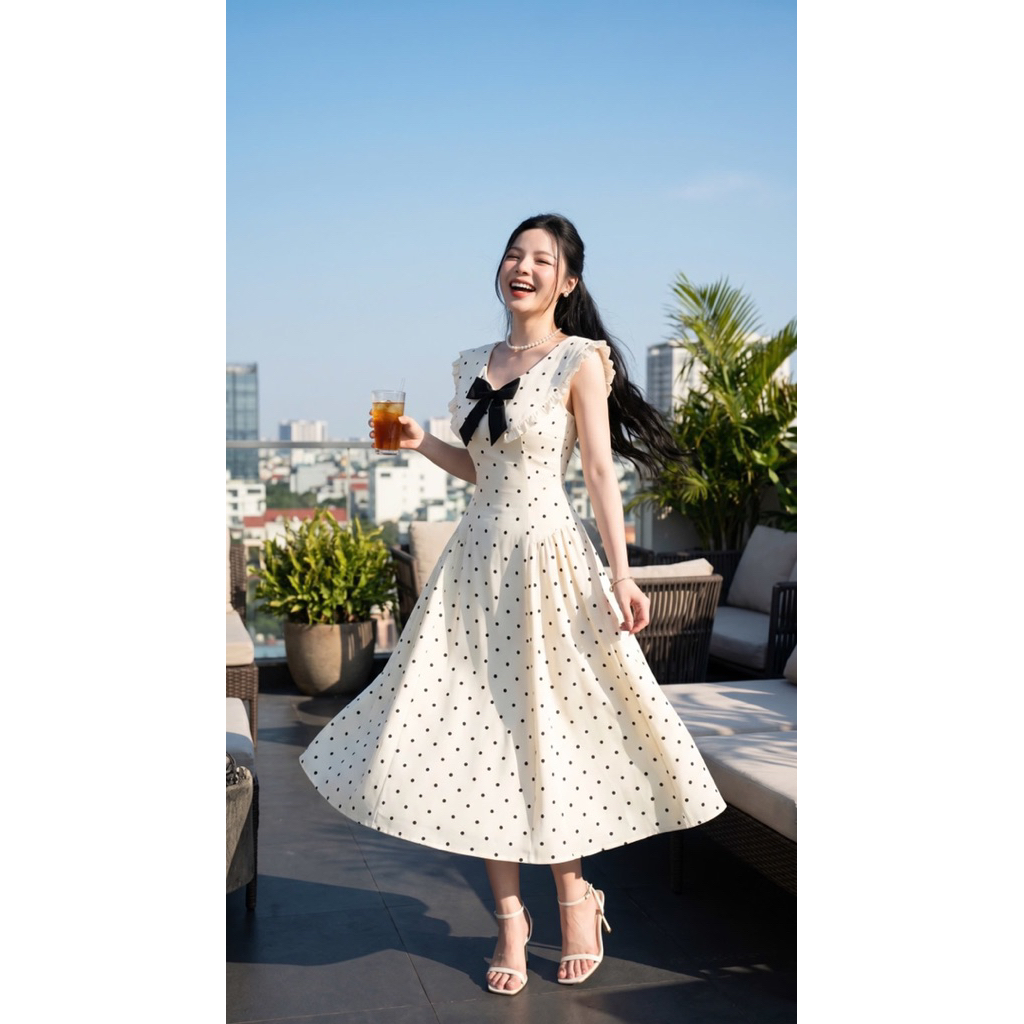 Đầm nữ thiết kế cổ bèo đính nơ chấm bi phối voan bèo dáng xoè vibe nàng thơ-Pusu house