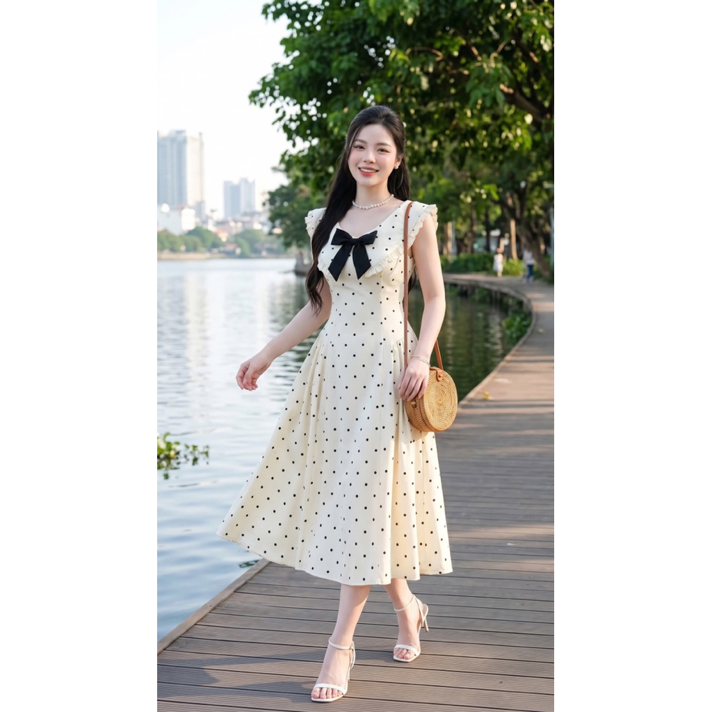 [Hàng sẵn-hỏa tốc ]Đầm dự tiệc nữ chấm bi tay bèo kèm nơ dáng dài tôn dáng nữ tính -PUSU HOUSE
