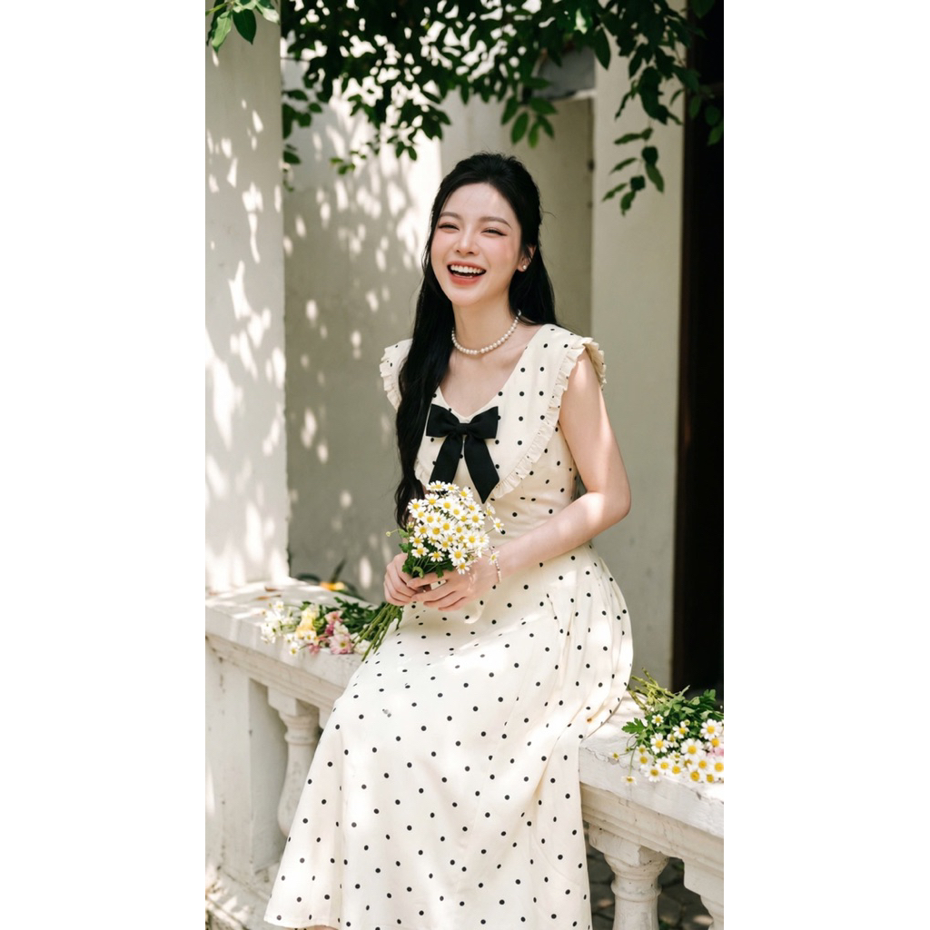 Đầm nữ thiết kế cổ bèo đính nơ chấm bi phối voan bèo dáng xoè vibe nàng thơ-Pusu house