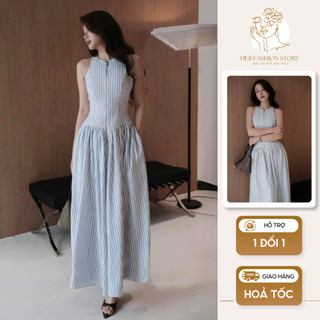 Váy maxi nữ dáng dài kẻ sọc xanh cổ tròn có khóa kéo, đầm xòe tiểu thư chiết eo tôn mặc dáng đi biển đi chơi mùa hè