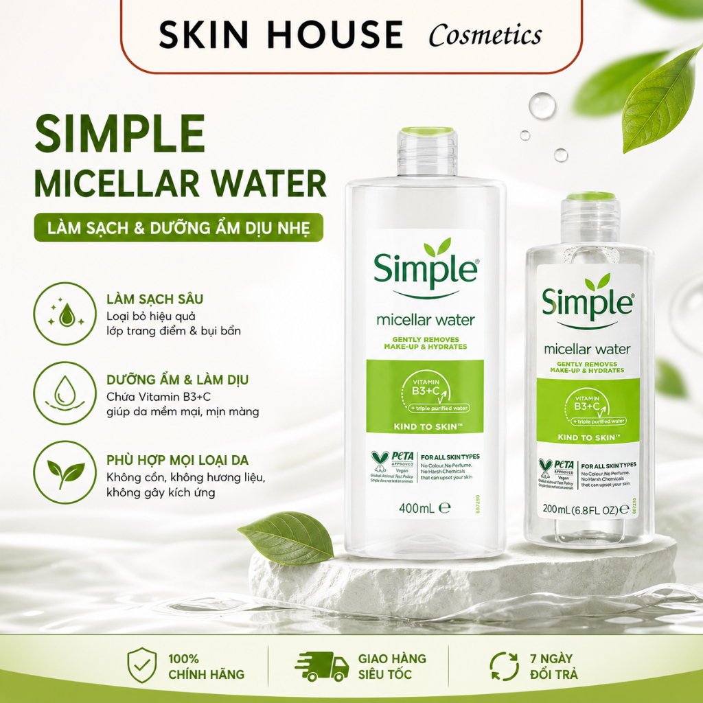 Nước Tẩy Trang Simple Màu Xanh Lá Dịu Nhẹ Không Cồn Dưỡng Ẩm Da Skin House