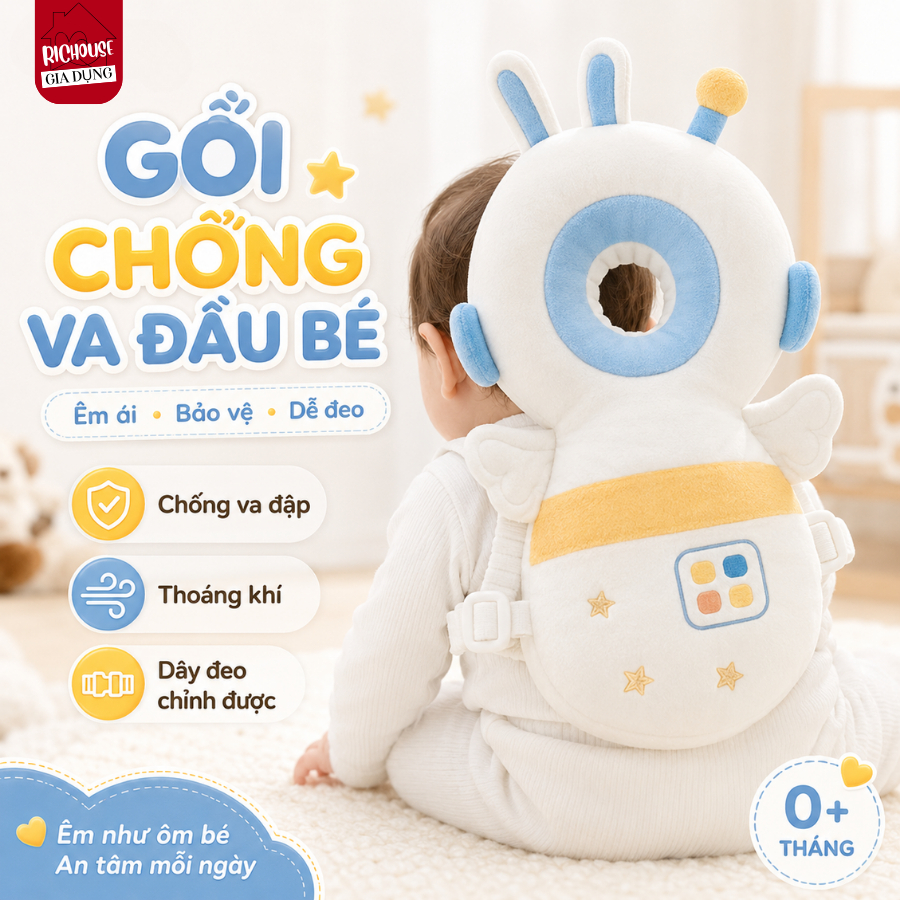 Đai Đỡ Đầu Chống Ngã Cho Bé, Gối Lưng Tập Đi Hình Phi Hành Gia Mềm Nhẹ An Toàn